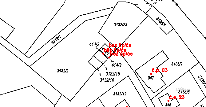 Týnec nad Sázavou 45434611 na parcele st. 414/2 v KÚ Podělusy, Katastrální mapa