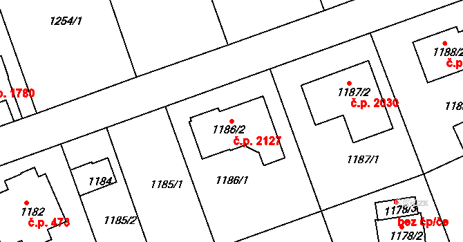 Modřany 2127, Praha na parcele st. 1186/2 v KÚ Modřany, Katastrální mapa