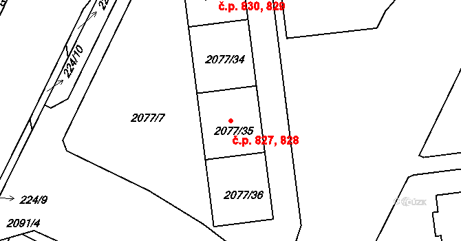 Třemošná 827,828 na parcele st. 2077/36 v KÚ Třemošná, Katastrální mapa