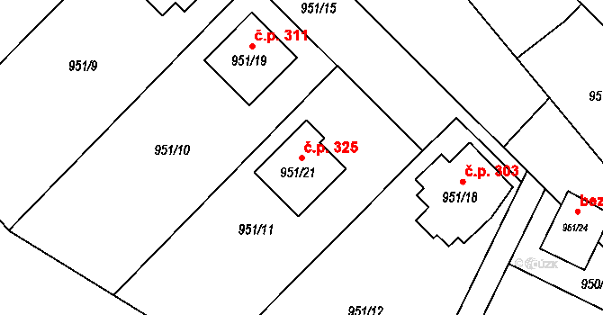 Olomučany 325 na parcele st. 951/21 v KÚ Olomučany, Katastrální mapa