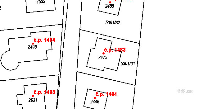 Rosice 1483 na parcele st. 2475 v KÚ Rosice u Brna, Katastrální mapa