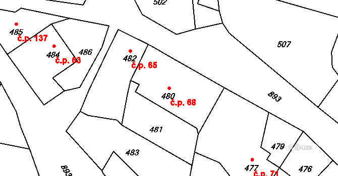 Děrné 68, Fulnek na parcele st. 480 v KÚ Děrné, Katastrální mapa
