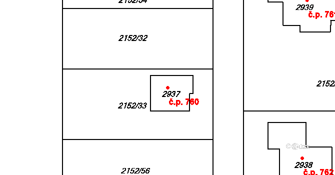 Litice 760, Plzeň na parcele st. 2937 v KÚ Litice u Plzně, Katastrální mapa