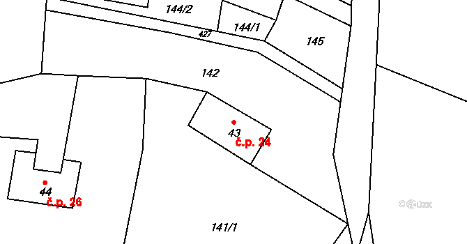 Včelnička 24 na parcele st. 43 v KÚ Včelnička, Katastrální mapa