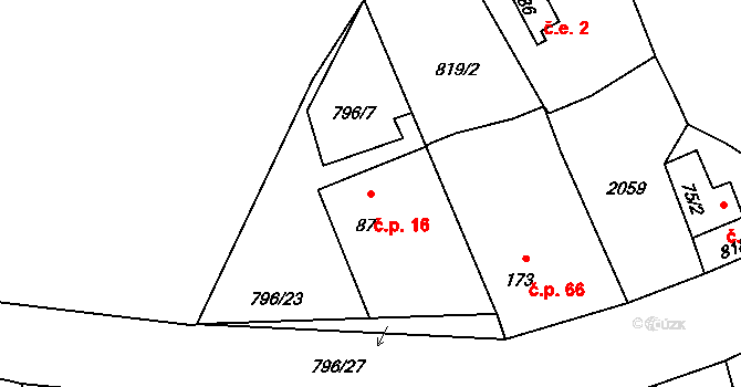 Horušany 16, Soběkury na parcele st. 87 v KÚ Horušany, Katastrální mapa