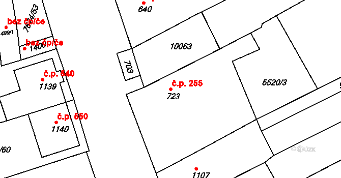 Dolní Dunajovice 255 na parcele st. 723 v KÚ Dolní Dunajovice, Katastrální mapa