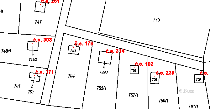 Těchov 314, Blansko na parcele st. 755/3 v KÚ Těchov, Katastrální mapa