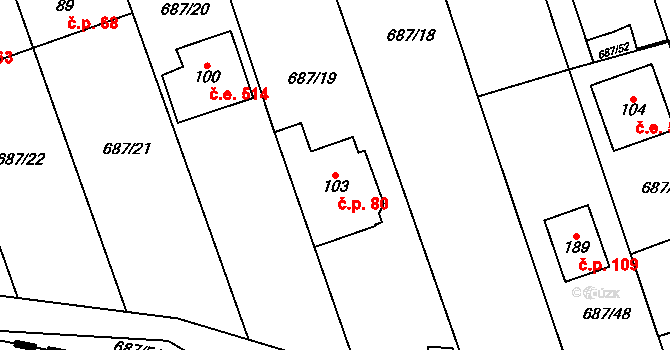 Hamry 80, Plumlov na parcele st. 103 v KÚ Hamry, Katastrální mapa