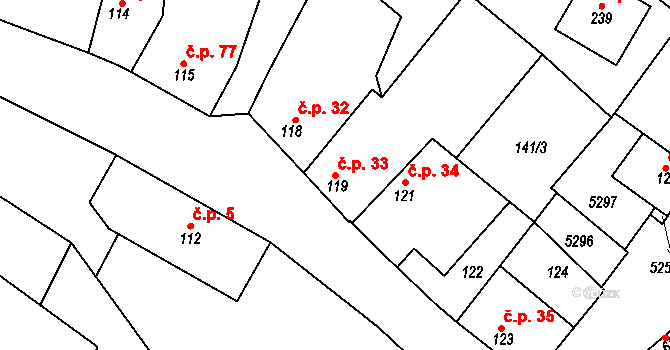 Dolní Dubňany 33 na parcele st. 119 v KÚ Dolní Dubňany, Katastrální mapa