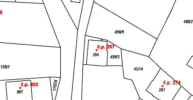 Vranov nad Dyjí 257 na parcele st. 284 v KÚ Vranov nad Dyjí, Katastrální mapa