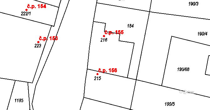 Rožďalovice 155 na parcele st. 216 v KÚ Rožďalovice, Katastrální mapa