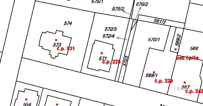 Čelákovice 228 na parcele st. 571 v KÚ Čelákovice, Katastrální mapa