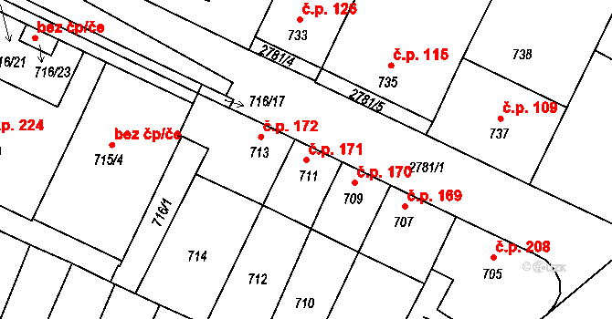 Dačice V 171, Dačice na parcele st. 711 v KÚ Dačice, Katastrální mapa