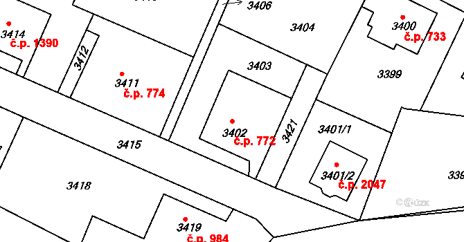 Děčín VI-Letná 772, Děčín na parcele st. 3402 v KÚ Podmokly, Katastrální mapa