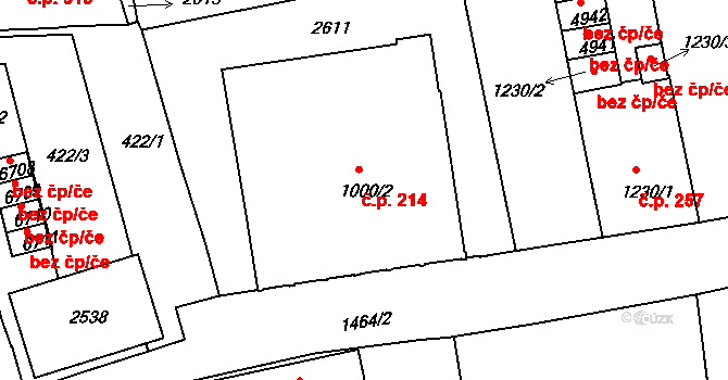 Stařečka 214, Třebíč na parcele st. 1000/2 v KÚ Třebíč, Katastrální mapa
