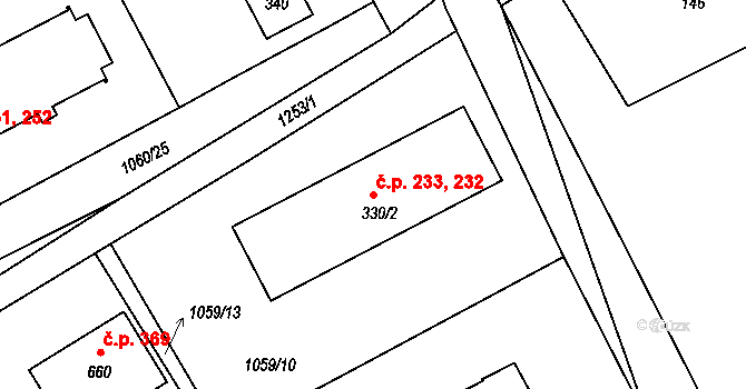 Kvasiny 232,233 na parcele st. 330/2 v KÚ Kvasiny, Katastrální mapa