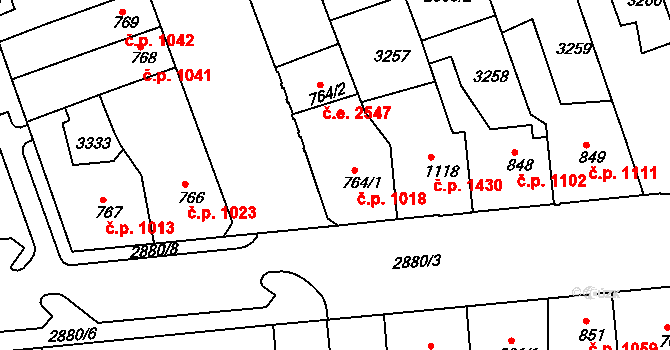 Hodonín 1018 na parcele st. 764/1 v KÚ Hodonín, Katastrální mapa