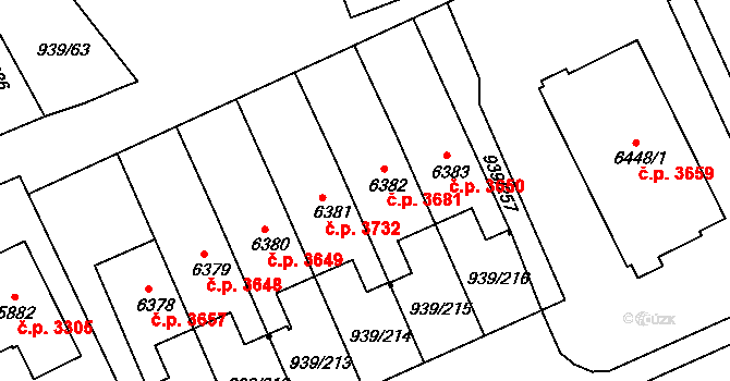Hodonín 3681 na parcele st. 6382 v KÚ Hodonín, Katastrální mapa