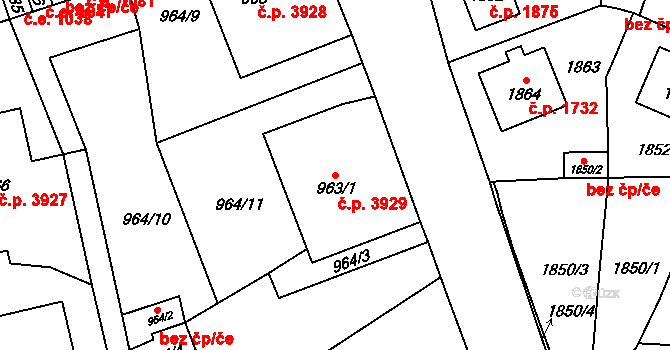 Chomutov 3929 na parcele st. 963/1 v KÚ Chomutov I, Katastrální mapa