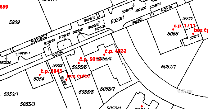 Chomutov 4533 na parcele st. 5055/4 v KÚ Chomutov I, Katastrální mapa