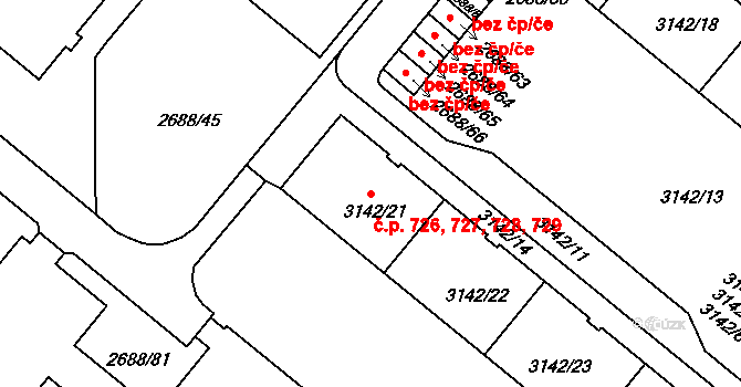 Lobzy 726,727,728,729, Plzeň na parcele st. 3142/21 v KÚ Plzeň, Katastrální mapa