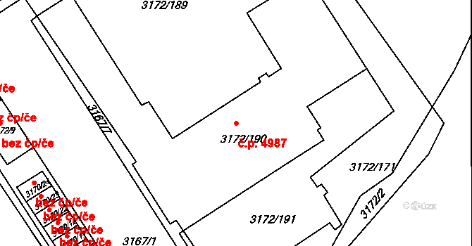 Chomutov 4987 na parcele st. 3172/190 v KÚ Chomutov II, Katastrální mapa