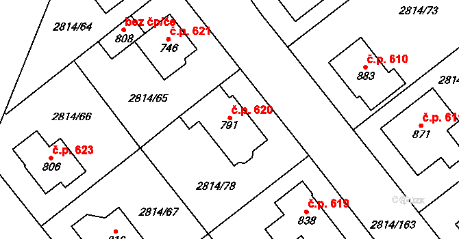 Lysice 620 na parcele st. 791 v KÚ Lysice, Katastrální mapa