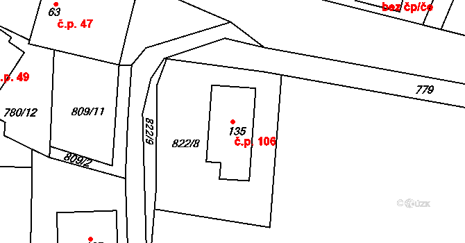 Jablonná 106 na parcele st. 135 v KÚ Jablonná, Katastrální mapa