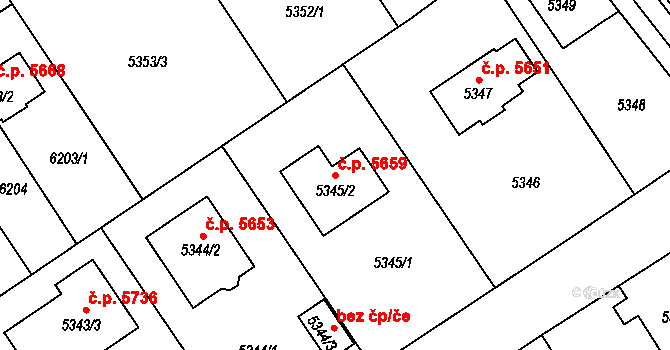 Chomutov 5659 na parcele st. 5345/2 v KÚ Chomutov I, Katastrální mapa