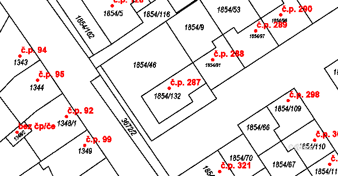 Křečkovice 287, Vyškov na parcele st. 1854/132 v KÚ Vyškov, Katastrální mapa