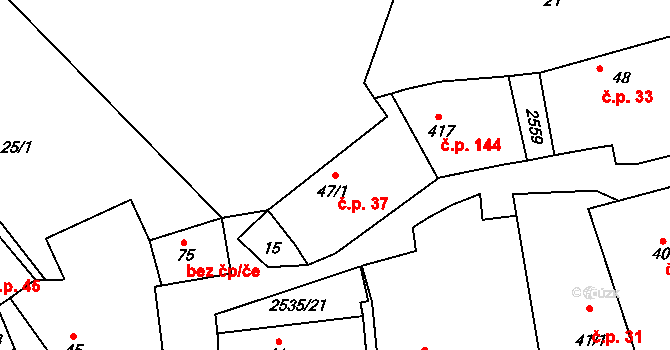 Kožichovice 37 na parcele st. 47/1 v KÚ Kožichovice, Katastrální mapa