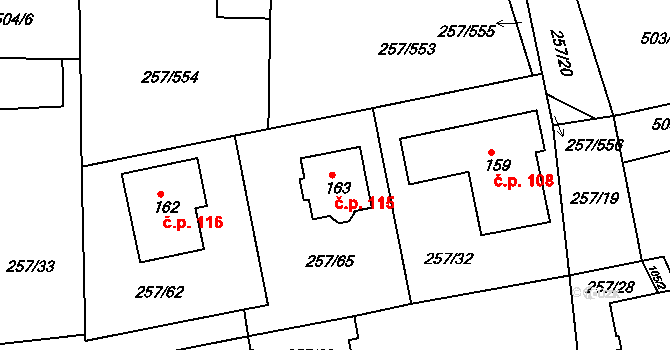 Chvalovice 115, Kovanice na parcele st. 163 v KÚ Chvalovice u Nymburka, Katastrální mapa