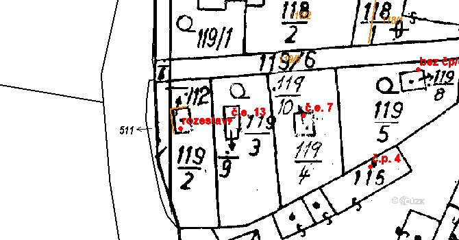 Hněvnice 13 na parcele st. 119/9 v KÚ Hněvnice, Katastrální mapa
