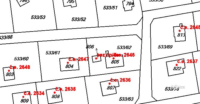 Kamenice 39906612 na parcele st. 806 v KÚ Těptín, Katastrální mapa