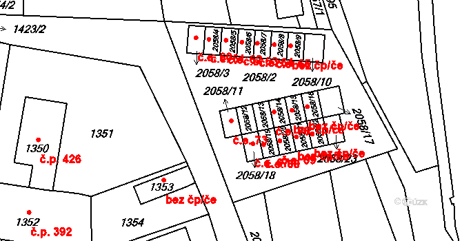 Olešnice 73 na parcele st. 2058/11 v KÚ Olešnice na Moravě, Katastrální mapa