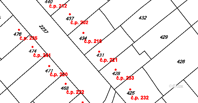 Chylice 221, Ostrožská Nová Ves na parcele st. 431 v KÚ Chylice, Katastrální mapa