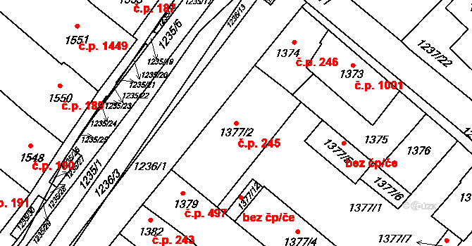 Hustopeče 245 na parcele st. 1377/2 v KÚ Hustopeče u Brna, Katastrální mapa