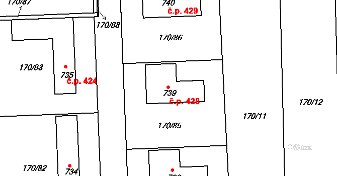 Louky 428, Zlín na parcele st. 739 v KÚ Louky nad Dřevnicí, Katastrální mapa