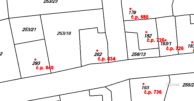 Rudná 834 na parcele st. 282 v KÚ Hořelice, Katastrální mapa