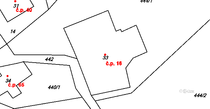 Bělý 16, Machov na parcele st. 33 v KÚ Bělý, Katastrální mapa