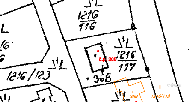 Doubravy 205 na parcele st. 368 v KÚ Doubravy, Katastrální mapa