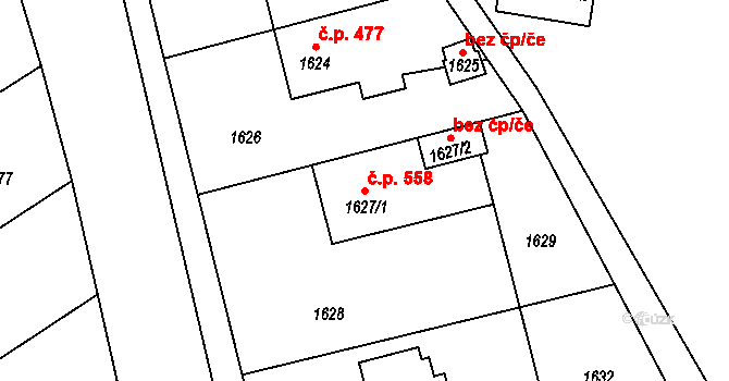 Odry 558 na parcele st. 1627/1 v KÚ Odry, Katastrální mapa