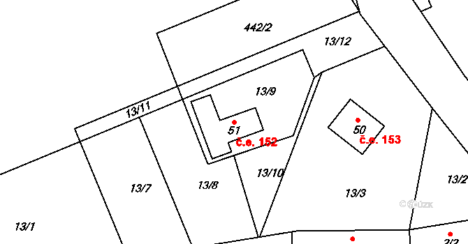 Třebobuz 152, Líšťany na parcele st. 51 v KÚ Třebobuz, Katastrální mapa