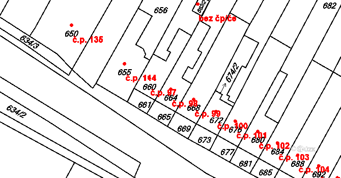 Rychlov 98, Bystřice pod Hostýnem na parcele st. 664 v KÚ Rychlov u Bystřice pod Hostýnem, Katastrální mapa
