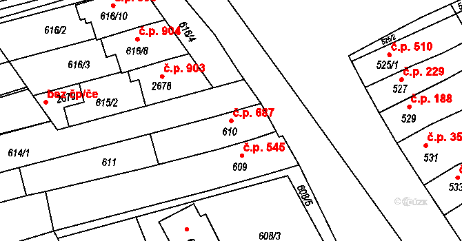 Koryčany 687 na parcele st. 610 v KÚ Koryčany, Katastrální mapa