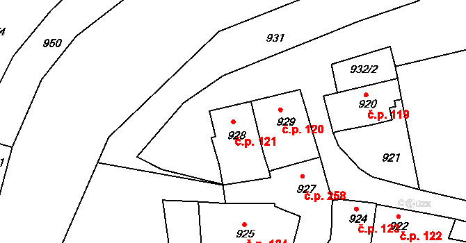 Plumlov 121 na parcele st. 928 v KÚ Plumlov, Katastrální mapa