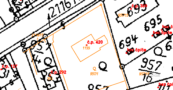 Vráž 420 na parcele st. 1155 v KÚ Vráž u Berouna, Katastrální mapa