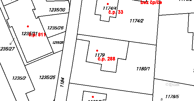 Staré Město 288, Třinec na parcele st. 1179 v KÚ Třinec, Katastrální mapa
