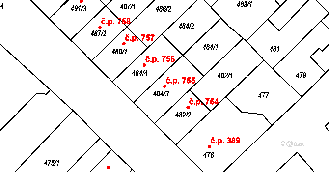 Lužice 755 na parcele st. 484/3 v KÚ Lužice u Hodonína, Katastrální mapa