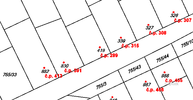 Milotice 289 na parcele st. 419 v KÚ Milotice u Kyjova, Katastrální mapa